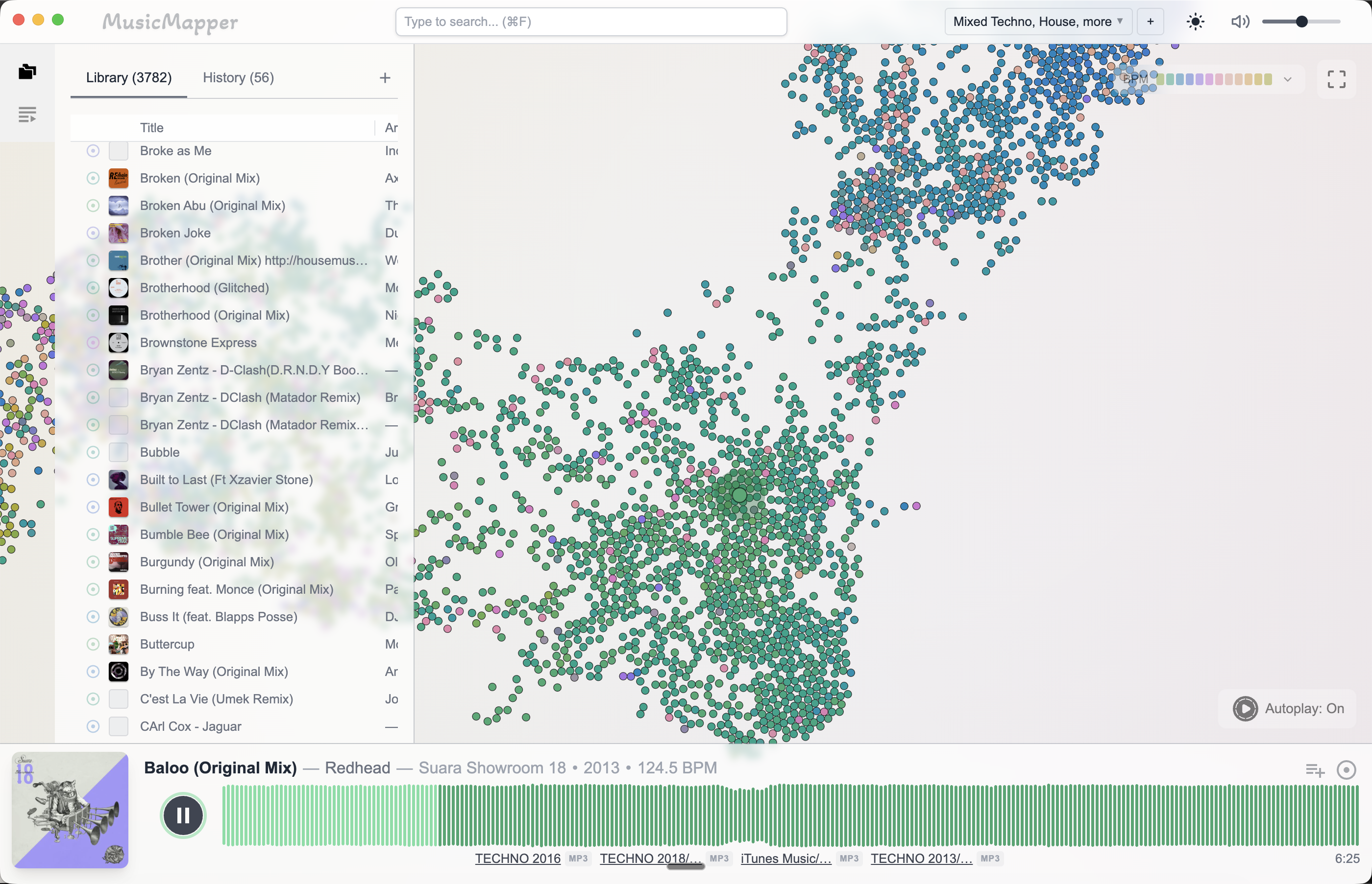 MusicMapper overview showing a visual map of a local music library for discovery and playlist building